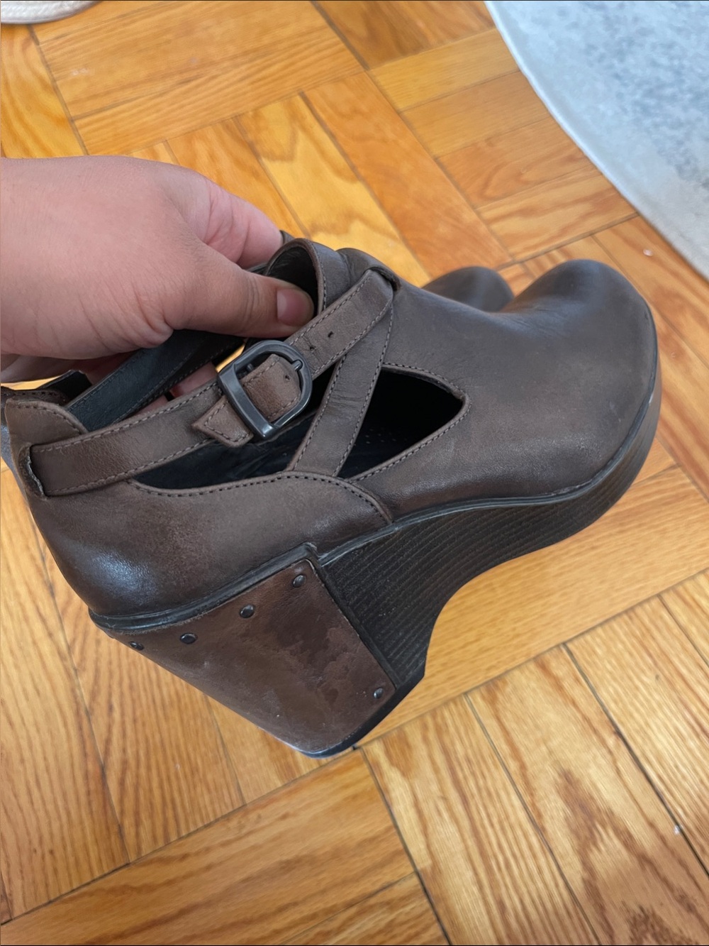 Dansko Brown Leather Wedge Mary Jane Clog - Picture 3 of 6